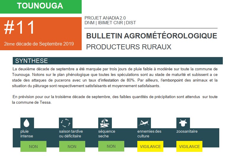Bulletin d'assistance agrométéorologique de la 2ème décade du mois de septembre 2019 élaboré à la Direction de la Météorologie Nationale (DMN) du Niger pour les producteurs ruraux de la commune de Tounouga