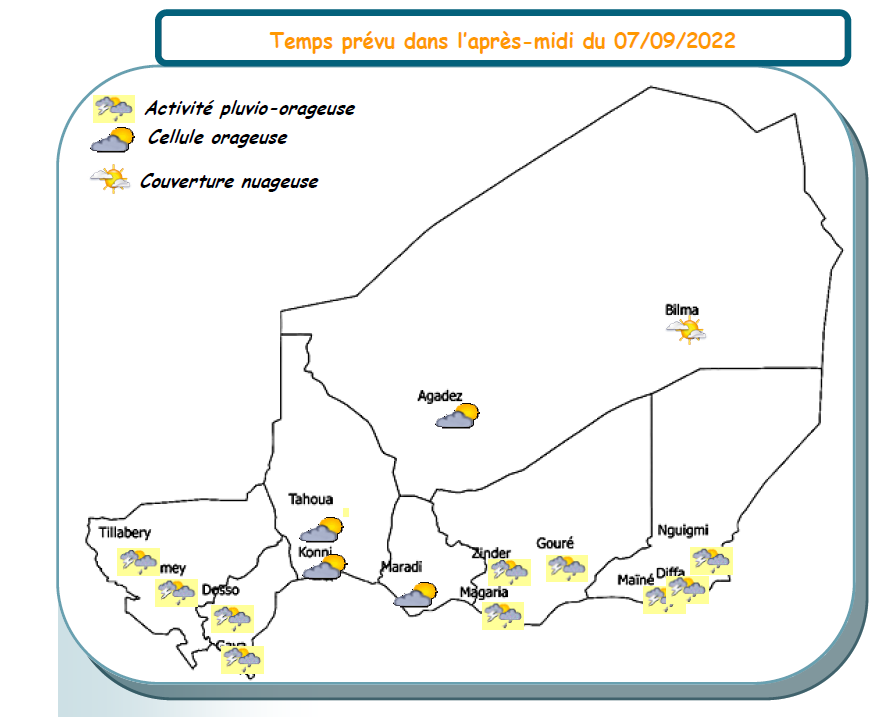 Bulletin météo quotidien du 07 septembre 2022 sur le Niger pour les prochaines 24 heures.