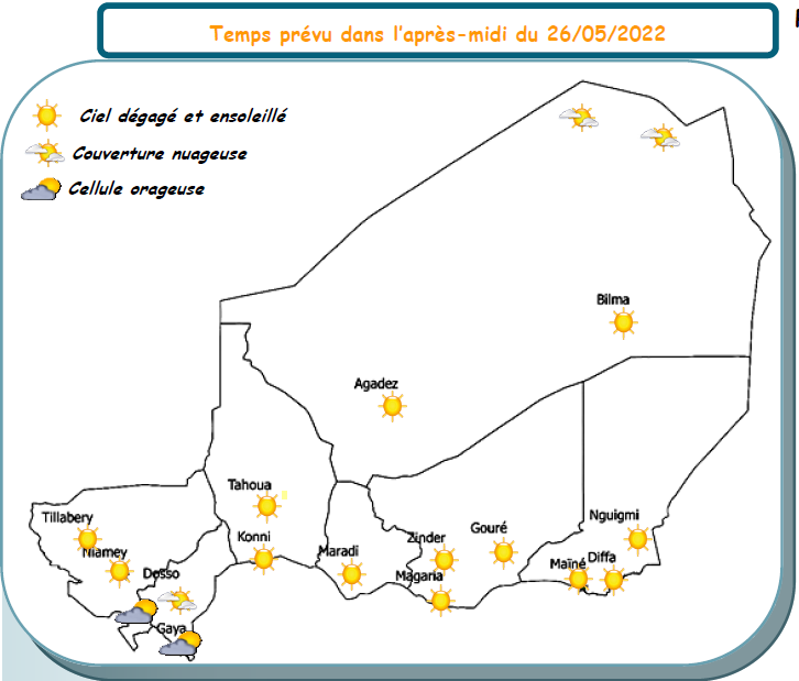 Bulletin météo quotidien du 26 mai 2022 sur le Niger pour les prochaines 24 heures.
Élaboré par la Direction de la Météorologie Nationale du Niger.