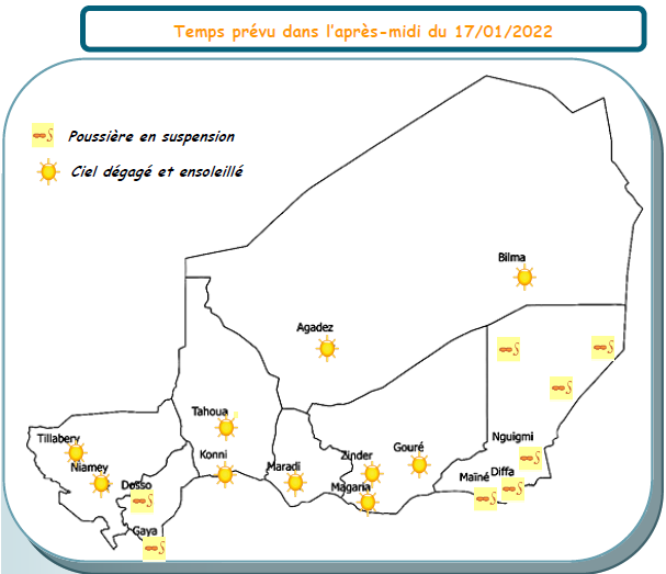 Bulletin météo quotidien du 17 janvier 2022 sur le Niger pour les prochaines 24 heures.
Élaboré par la Direction de la Météorologie Nationale du Niger.