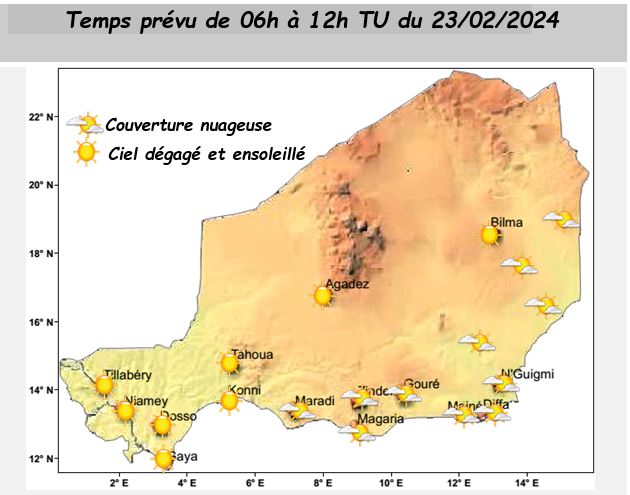 Bulletin de briefing météo du 23-02-24 pour les prochaines 24 heures sur le Niger.
Elaboré par la Direction de la Météorologie Nationale.