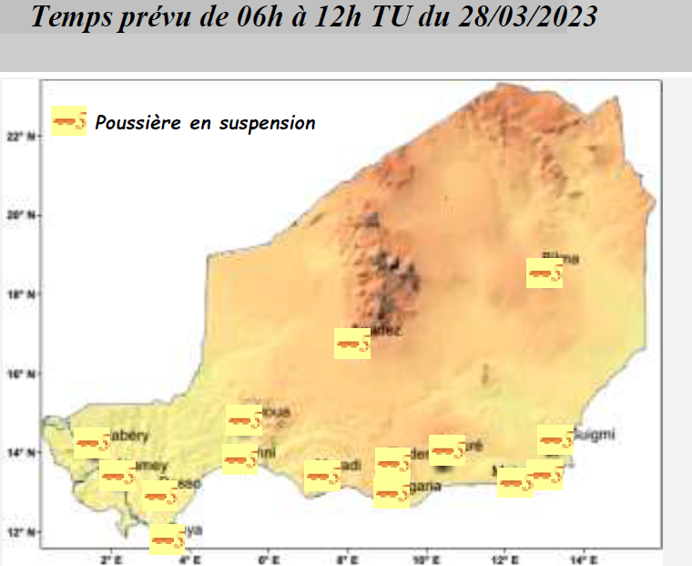 Bulletin de briefing météo du 28 Mars 2023 sur le Niger pour les prochaines 06 heures. Élaboré par la Direction de la Météorologie Nationale .