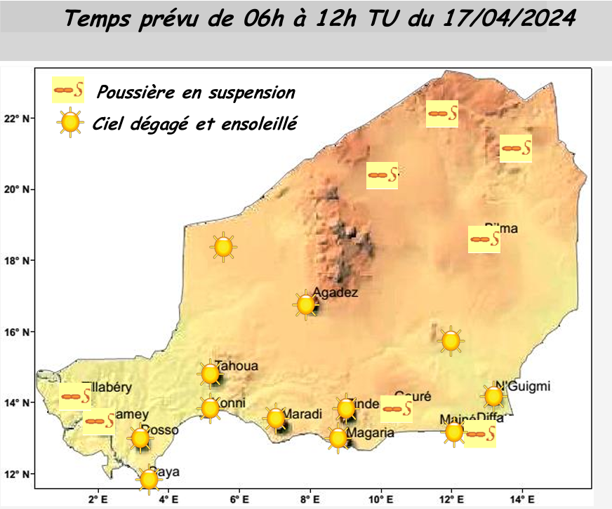 Bulletin météo de briefing du 17 avril 2023 sur le Niger pour les prochaines 06 heures.
Elaboré par la Direction de la Météorologie Nationale du Niger.