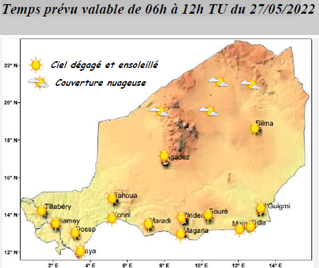 Bulletin de briefing météo du 27 mai 2022 sur le Niger pour les prochaines 06 heures.
Élaboré par la Direction de la Météorologie Nationale du Niger.