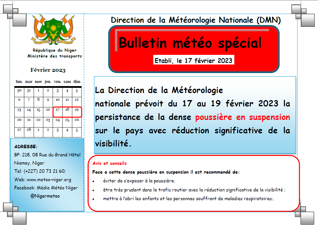 Bulletin météo spécial du 17 février 2023 sur le Niger. 
Élaboré par Direction de la Météorologie Nationale.