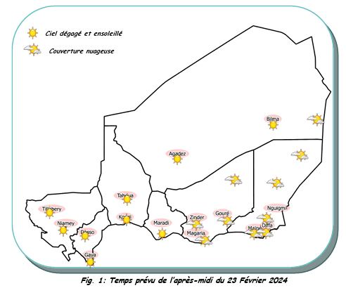 Bulletin météo spécial weekend du 23 février 2024 sur le Niger pour les prochaines 72 heures.
Elaboré par la Direction de la Météorologie Nationale. 