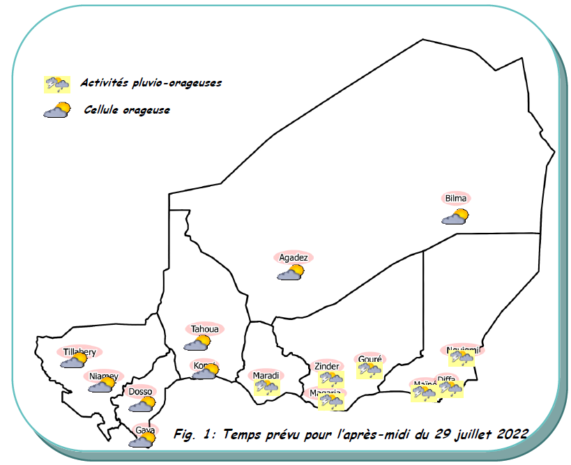 Bulletin météo spécial weekend du 29 juillet 2022 sur le Niger pour les prochaines 72 heures.
Élaboré par la Direction de la Météorologie Nationale du Niger.