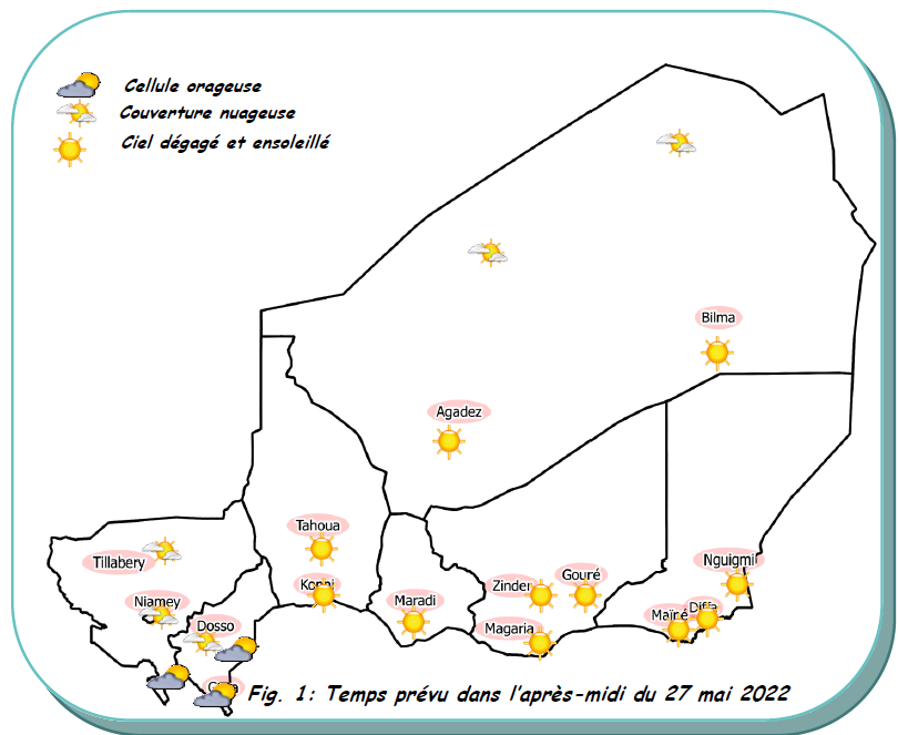 Bulletin météo spécial weekend du 27 Mai 2022 sur le Niger pour les prochaines 72 heures.
Élaboré par la Direction de la Météorologie Nationale du Niger.